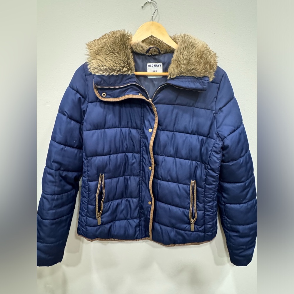 Old Navy Women's Blue Puffer Jacket with Faux Fur Collar Sz Medium